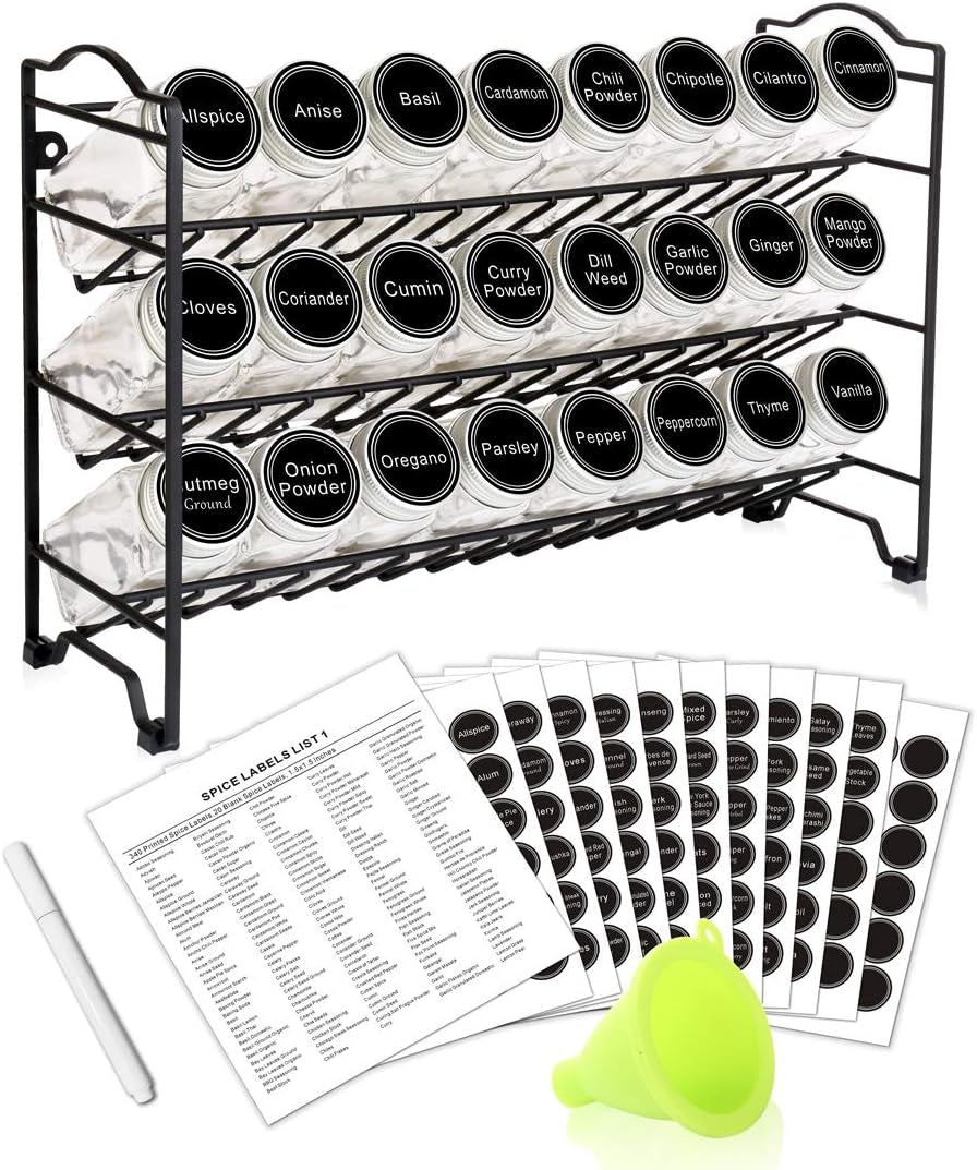 Professional Spice Rack Organizer Set with 24 Empty Glass Jars, 396 Spice Labels, Chalk Marker, and Funnel - Versatile for Countertop, Cabinet, or Wall Mount - Black