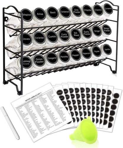Professional Spice Rack Organizer Set with 24 Empty Glass Jars, 396 Spice Labels, Chalk Marker, and Funnel - Versatile for Countertop, Cabinet, or Wall Mount - Black