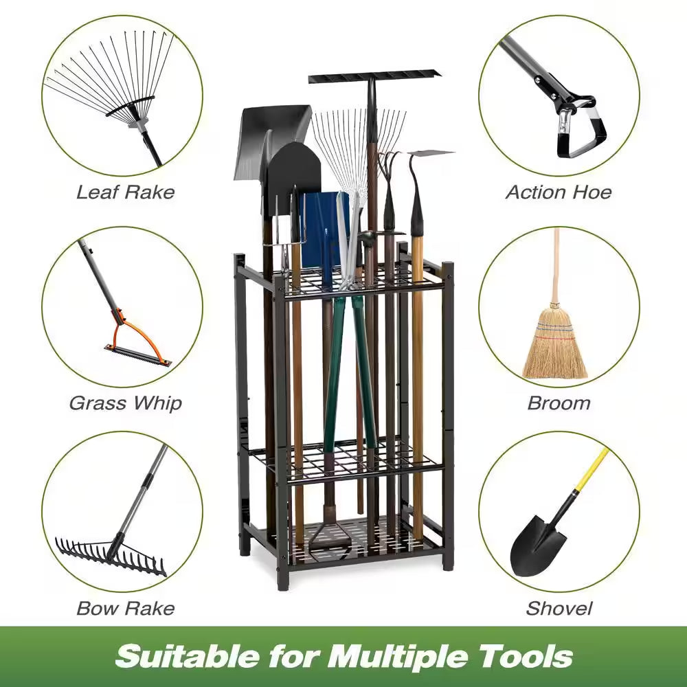 3-Tier Garden Tool Organizer for Efficient Garage Storage of Up to 35 Long-Handled Tools, Rakes, and Brooms