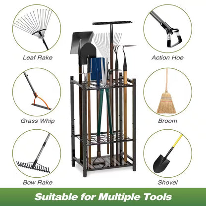 3-Tier Garden Tool Organizer for Efficient Garage Storage of Up to 35 Long-Handled Tools, Rakes, and Brooms