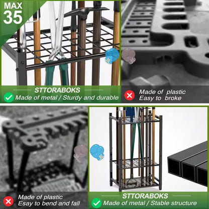 3-Tier Garden Tool Organizer for Efficient Garage Storage of Up to 35 Long-Handled Tools, Rakes, and Brooms