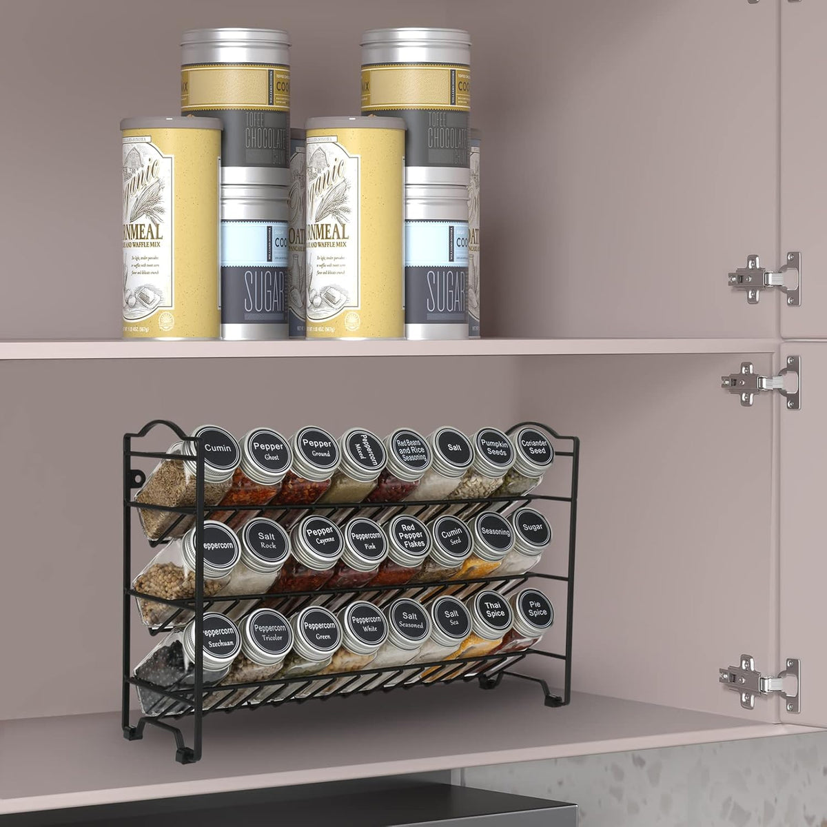 Professional Spice Rack Organizer Set with 24 Empty Glass Jars, 396 Spice Labels, Chalk Marker, and Funnel - Versatile for Countertop, Cabinet, or Wall Mount - Black