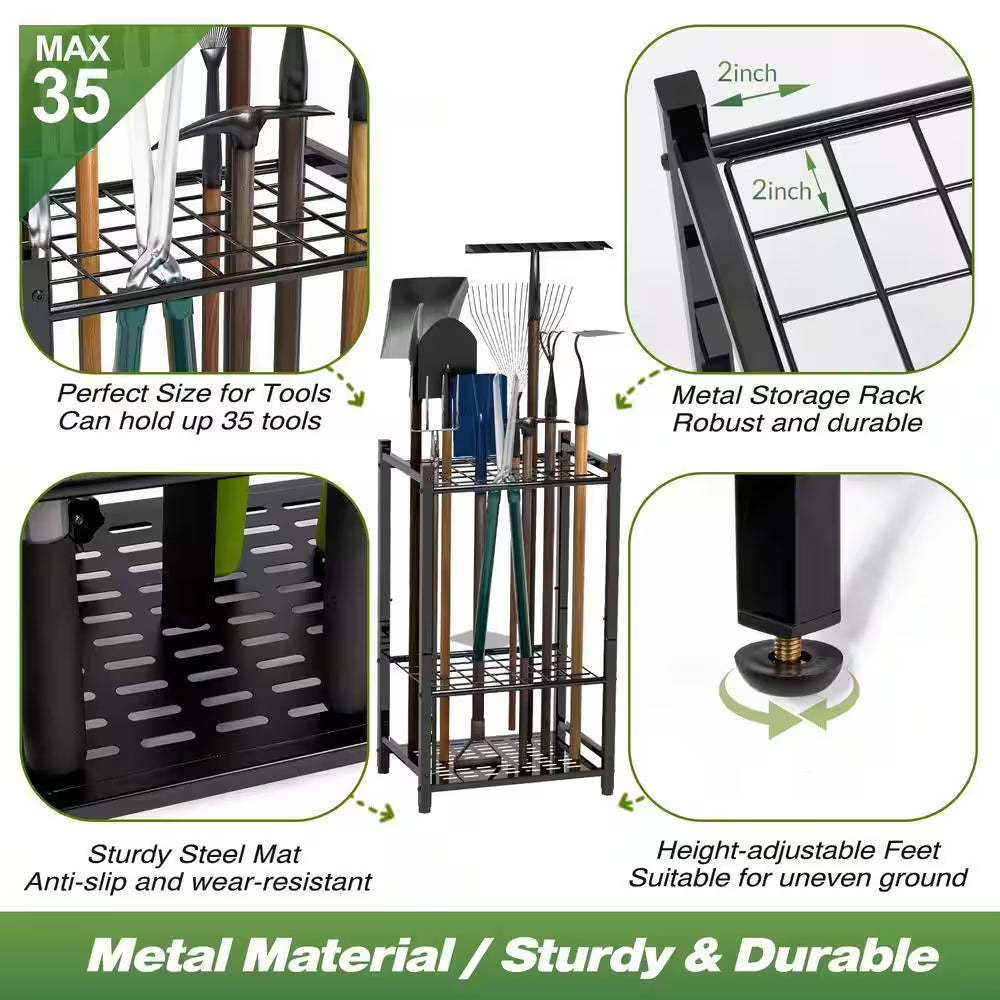 3-Tier Garden Tool Organizer for Efficient Garage Storage of Up to 35 Long-Handled Tools, Rakes, and Brooms