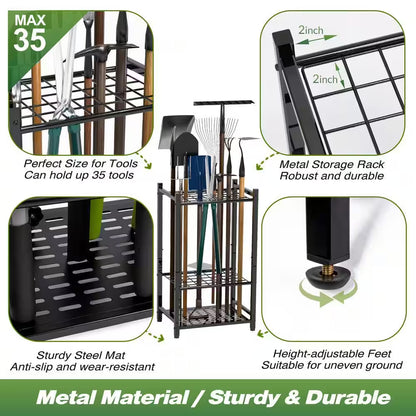3-Tier Garden Tool Organizer for Efficient Garage Storage of Up to 35 Long-Handled Tools, Rakes, and Brooms