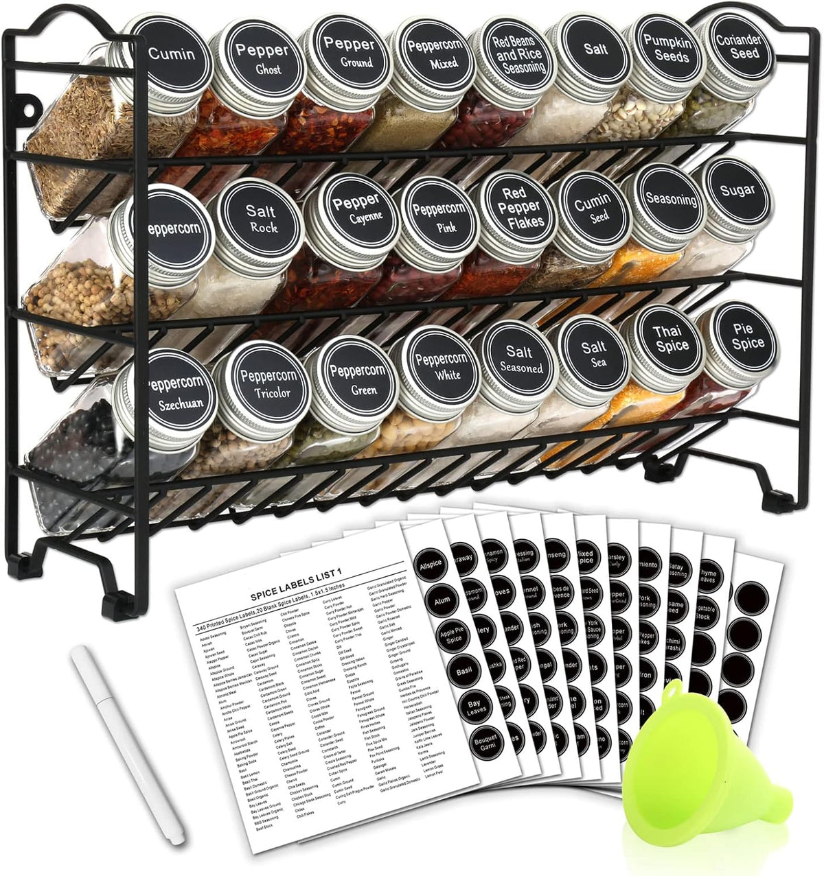 Professional Spice Rack Organizer Set with 24 Empty Glass Jars, 396 Spice Labels, Chalk Marker, and Funnel - Versatile for Countertop, Cabinet, or Wall Mount - Black