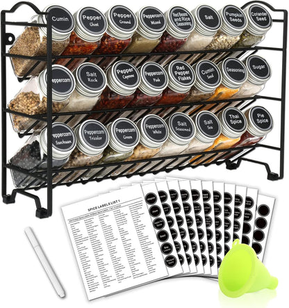 Professional Spice Rack Organizer Set with 24 Empty Glass Jars, 396 Spice Labels, Chalk Marker, and Funnel - Versatile for Countertop, Cabinet, or Wall Mount - Black